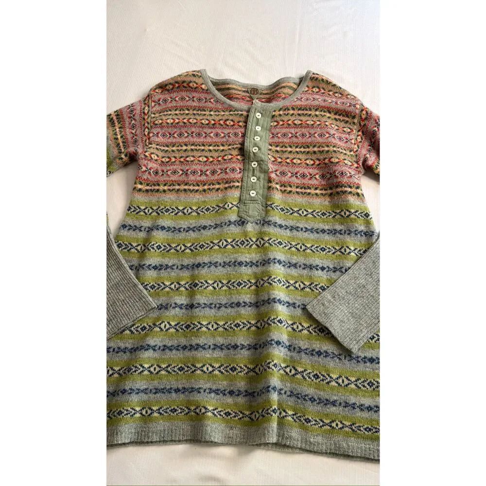Free People Fair Isle Sweater Boho Henley Wool Nordic Knit Pullover Size Medium